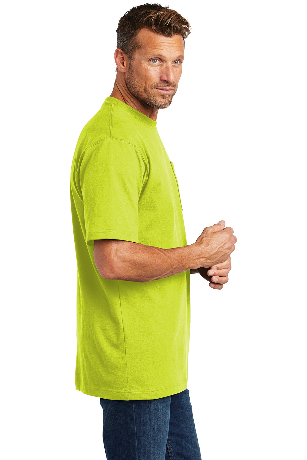 Carhartt CTK87/CTTK87 Mens Workwear Short Sleeve Crewneck T-Shirt w/ Pocket Brite Lime Green Model Side