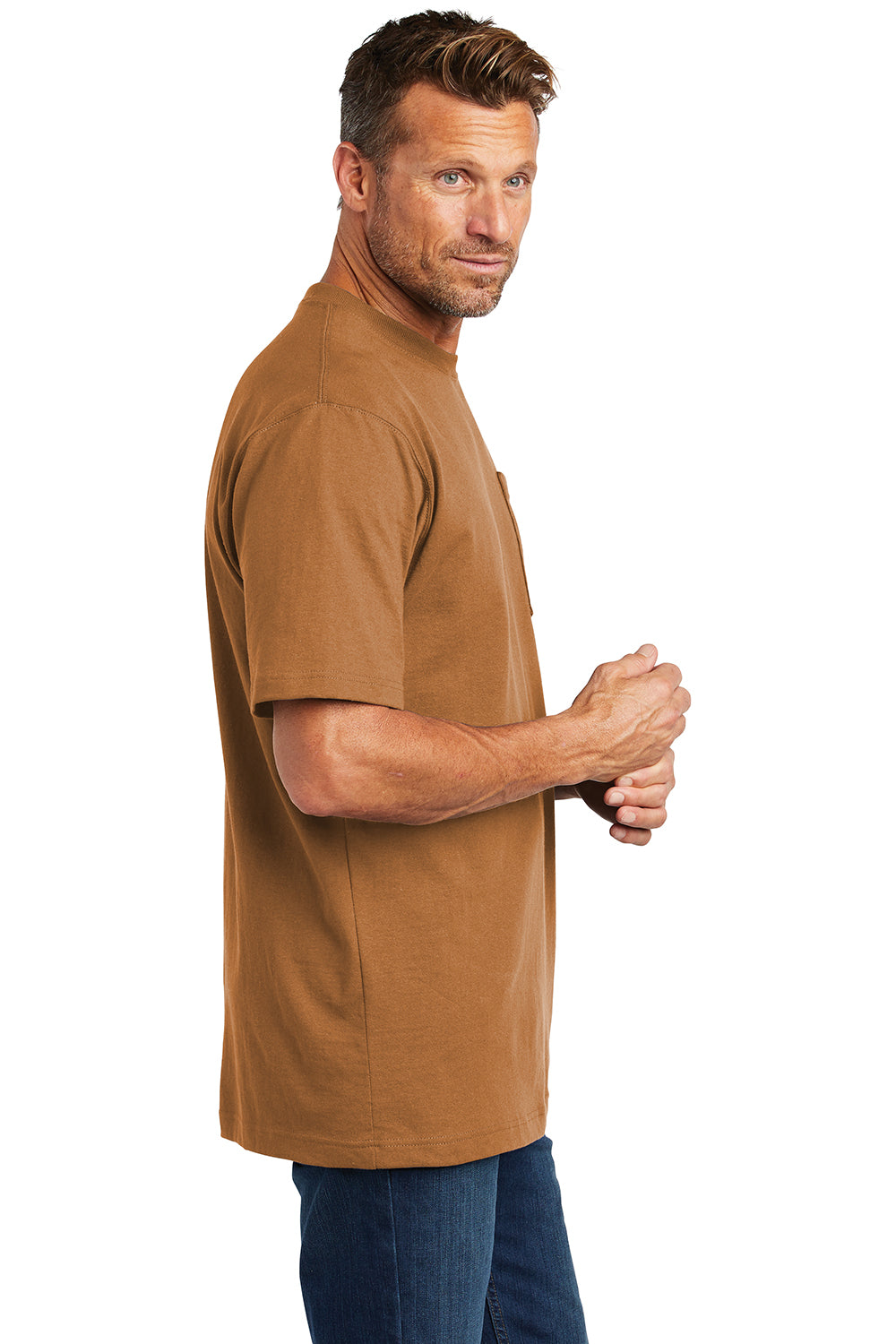 Carhartt CTK87/CTTK87 Mens Workwear Short Sleeve Crewneck T-Shirt w/ Pocket Carhartt Brown Model Side