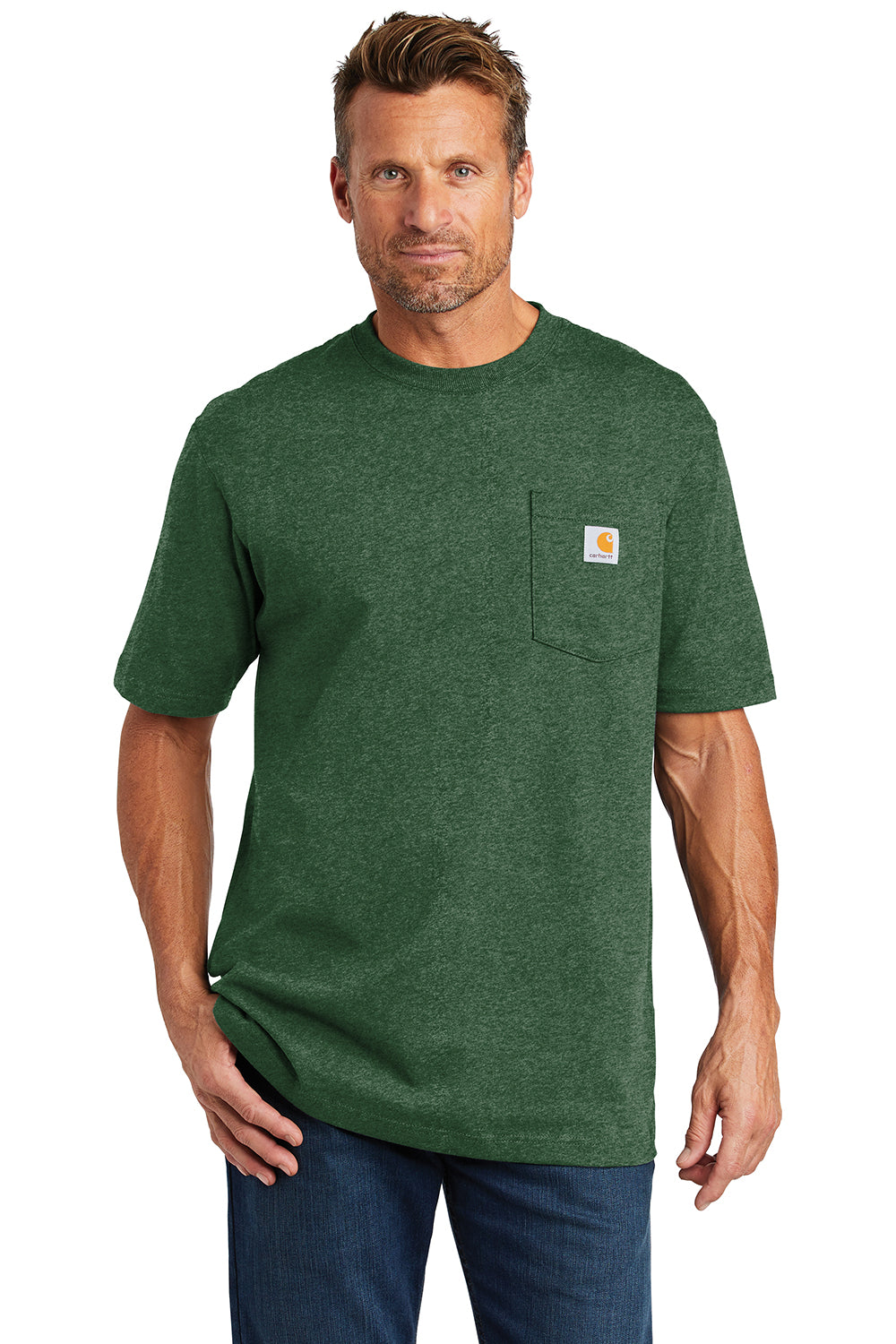 Carhartt CTK87/CTTK87 Mens Workwear Short Sleeve Crewneck T-Shirt w/ Pocket Heather North Woods Green Model Front