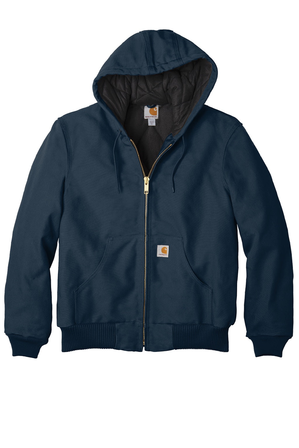Carhartt CTSJ140/CTTSJ140/CT106677/CTT106677 Mens Wind & Water Resistant Duck Cloth Full Zip Hooded Work Jacket Navy Blue Flat Front