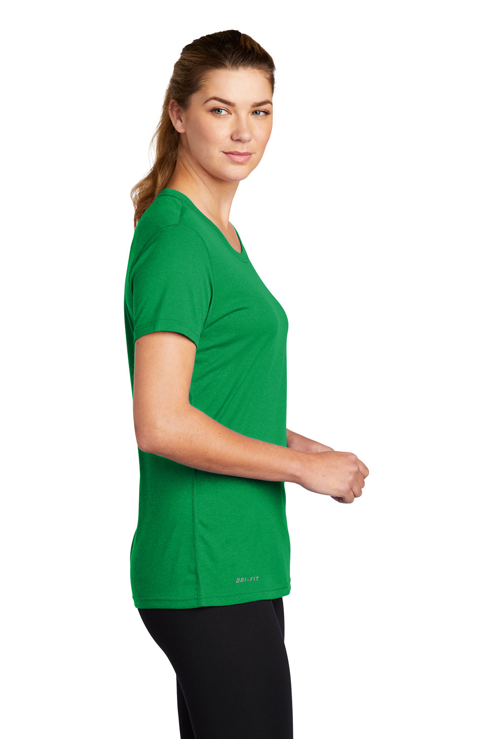 Nike CU7599 Womens Legend Dri-Fit Moisture Wicking Short Sleeve Crewneck T-Shirt Apple Green Model Side