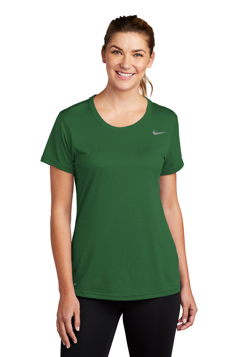 Nike CU7599 Womens Legend Dri-Fit Moisture Wicking Short Sleeve Crewneck T-Shirt Gorge Green Model Front