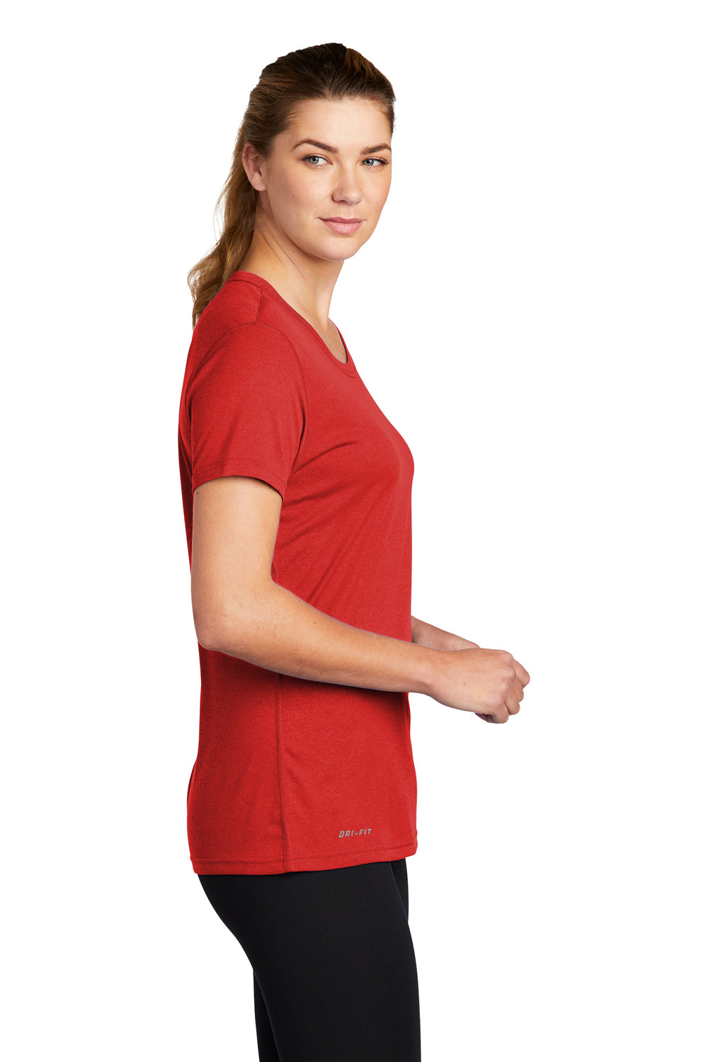 Nike CU7599 Womens Legend Dri-Fit Moisture Wicking Short Sleeve Crewneck T-Shirt University Red Model Side