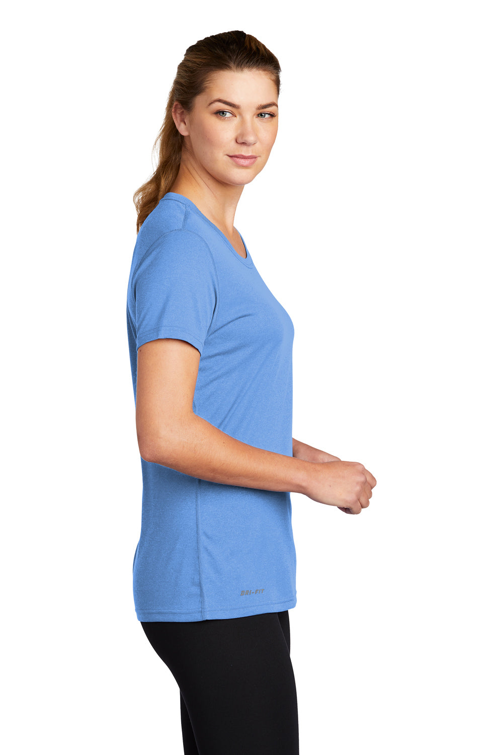 Nike CU7599 Womens Legend Dri-Fit Moisture Wicking Short Sleeve Crewneck T-Shirt Valor Blue Model Side