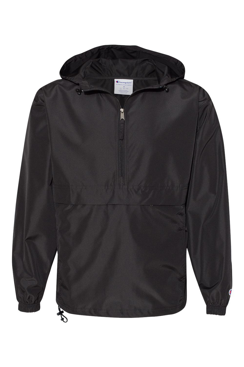 Champion CO200 Mens Packable Wind & Water Resistant Anorak 1/4 Zip Hooded Jacket Black Flat Front