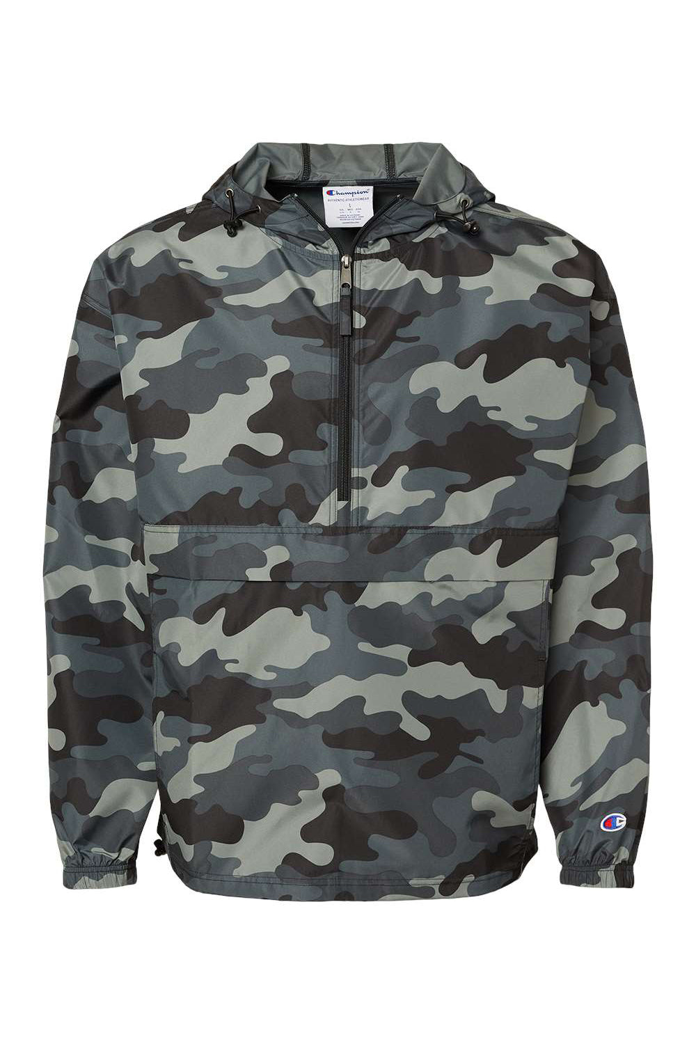 Champion CO200 Mens Packable Wind & Water Resistant Anorak 1/4 Zip Hooded Jacket Concrete Grey Camo Flat Front