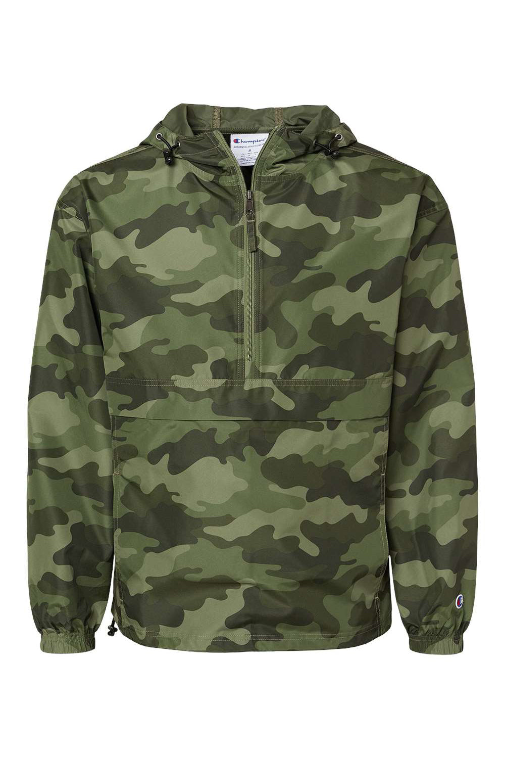 Champion CO200 Mens Packable Wind & Water Resistant Anorak 1/4 Zip Hooded Jacket Olive Green Camo Flat Front