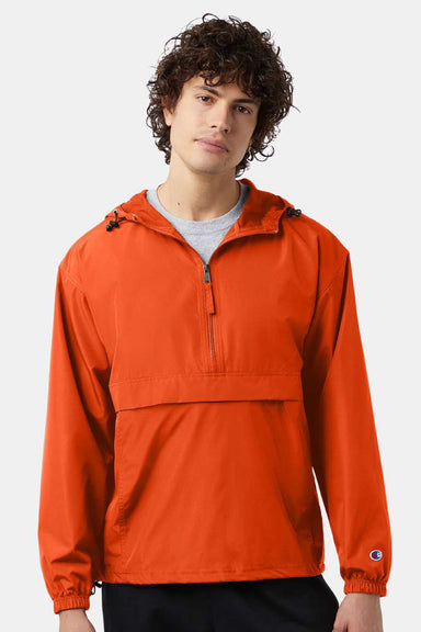Champion CO200 Mens Packable Wind & Water Resistant Anorak 1/4 Zip Hooded Jacket Orange Model Front
