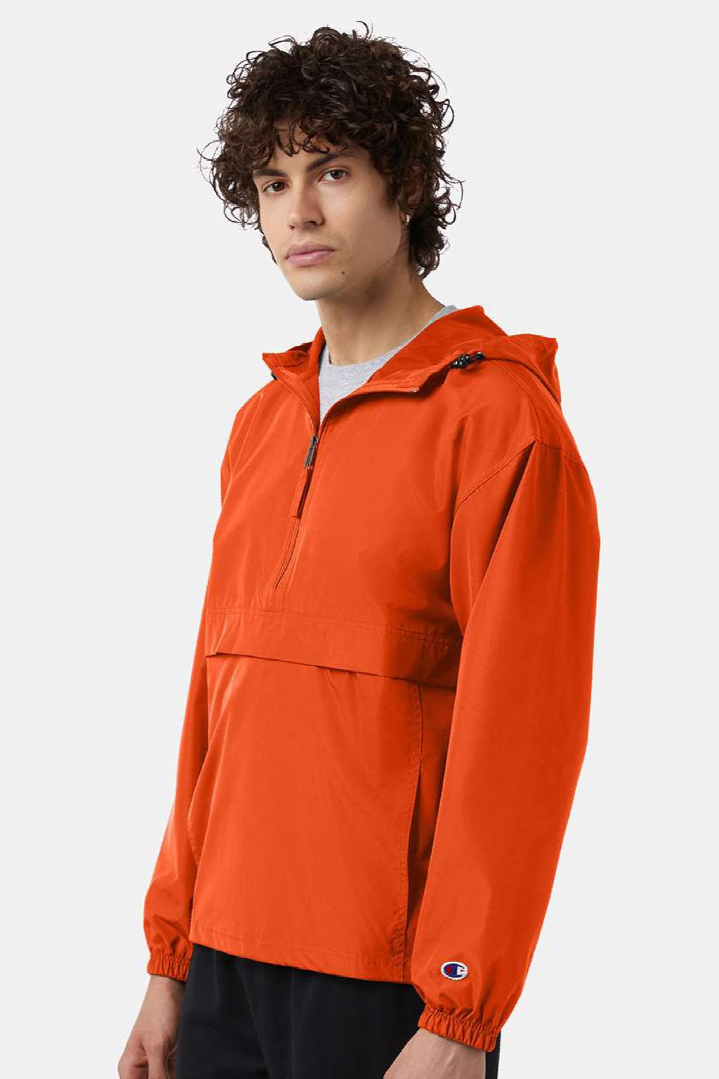 Champion CO200 Mens Packable Wind & Water Resistant Anorak 1/4 Zip Hooded Jacket Orange Model Side