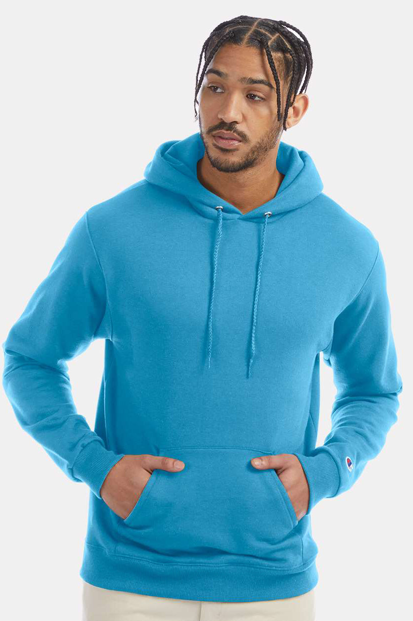 Champion S700 Mens Double Dry Eco Moisture Wicking Fleece Hooded Sweatshirt Hoodie w/ Pouch Pocket Lagoon Blue Model Front