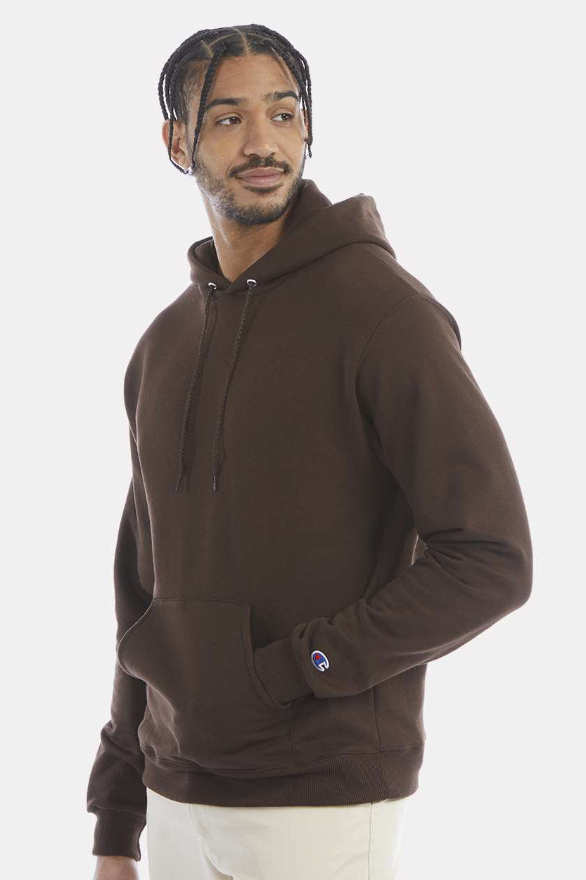 Champion S700 Mens Double Dry Eco Moisture Wicking Fleece Hooded Sweatshirt Hoodie w/ Pouch Pocket Chocolate Brown Model Side