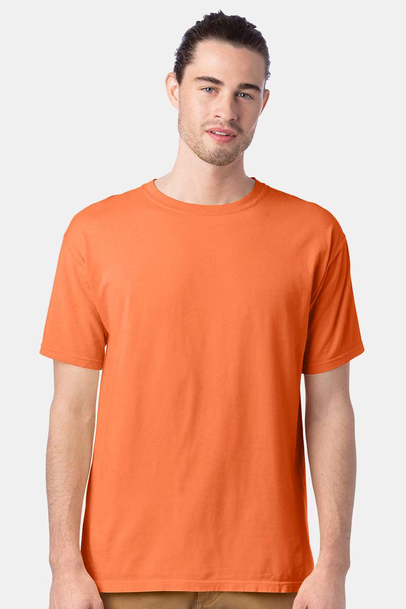 ComfortWash By Hanes GDH100 Mens Short Sleeve Crewneck T-Shirt Horizon Orange Model Front