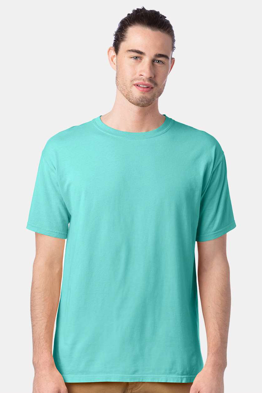 ComfortWash By Hanes GDH100 Mens Short Sleeve Crewneck T-Shirt Mint Green Model Front