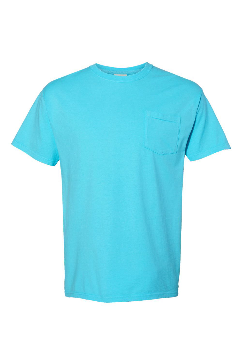 ComfortWash By Hanes GDH150 Mens Short Sleeve Crewneck T-Shirt w/ Pocket Freshwater Blue Flat Front