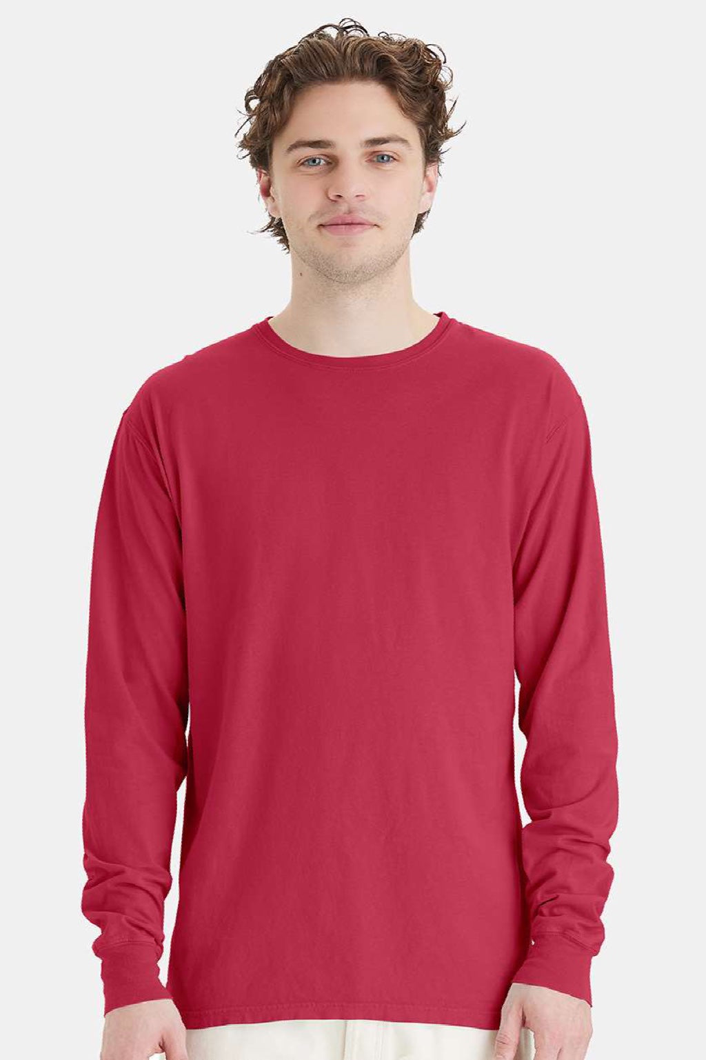 ComfortWash By Hanes GDH200 Mens Long Sleeve Crewneck T-Shirt Crimson Fall Red Model Front