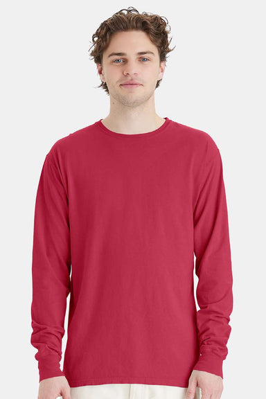 ComfortWash By Hanes GDH200 Mens Long Sleeve Crewneck T-Shirt Crimson Fall Red Model Front