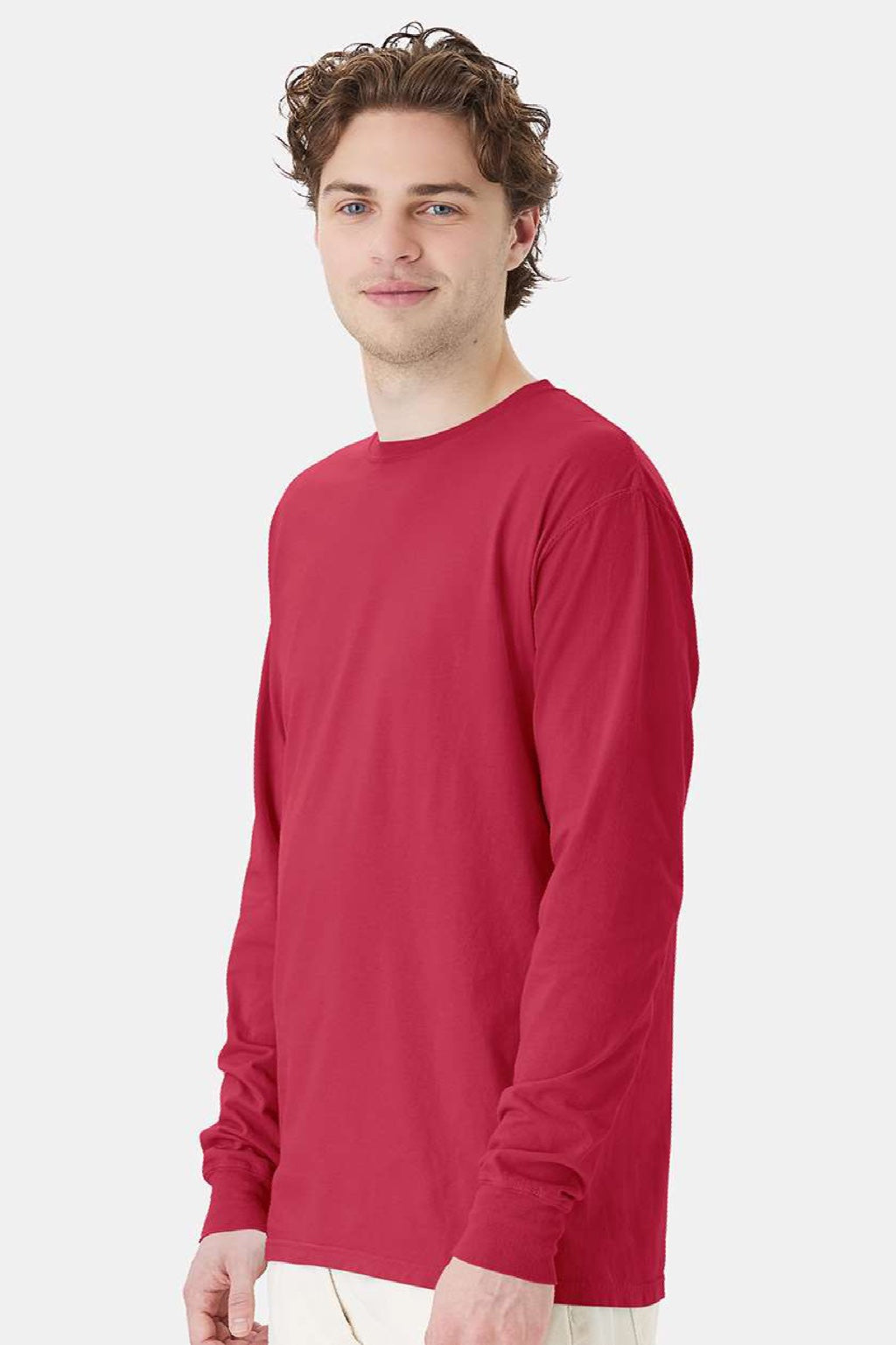 ComfortWash By Hanes GDH200 Mens Long Sleeve Crewneck T-Shirt Crimson Fall Red Model Side