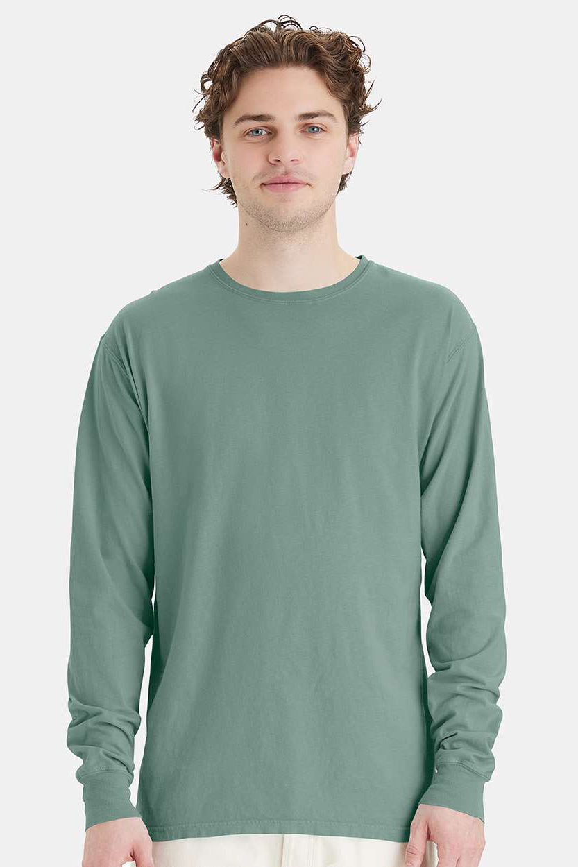 ComfortWash By Hanes GDH200 Mens Long Sleeve Crewneck T-Shirt Cypress Green Model Front