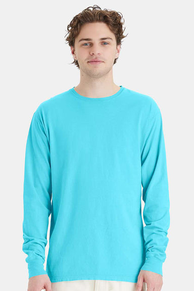 ComfortWash By Hanes GDH200 Mens Long Sleeve Crewneck T-Shirt Freshwater Blue Model Front