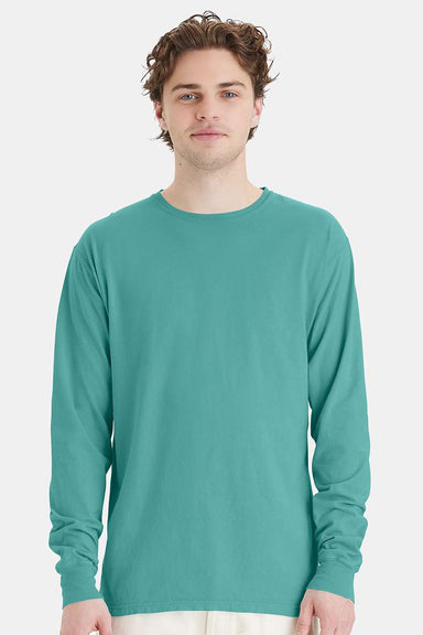 ComfortWash By Hanes GDH200 Mens Long Sleeve Crewneck T-Shirt Spanish Moss Green Model Front