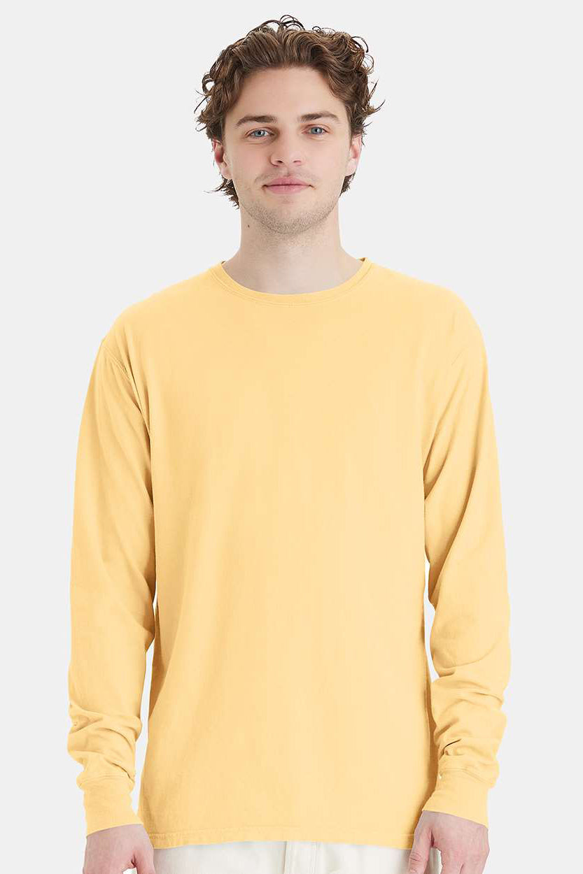 ComfortWash By Hanes GDH200 Mens Long Sleeve Crewneck T-Shirt Summer Squash Yellow Model Front