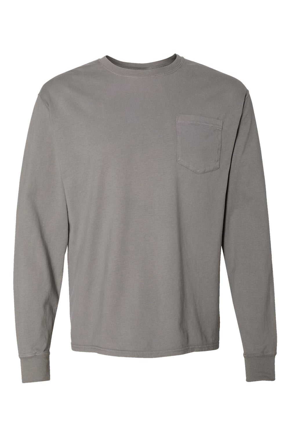 ComfortWash By Hanes GDH250 Mens Long Sleeve Crewneck T-Shirt w/ Pocket Concrete Grey Flat Front