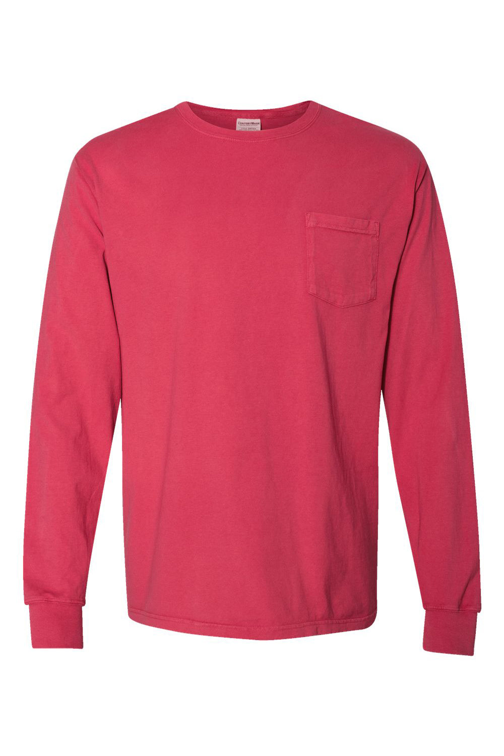 ComfortWash By Hanes GDH250 Mens Long Sleeve Crewneck T-Shirt w/ Pocket Crimson Fall Flat Front