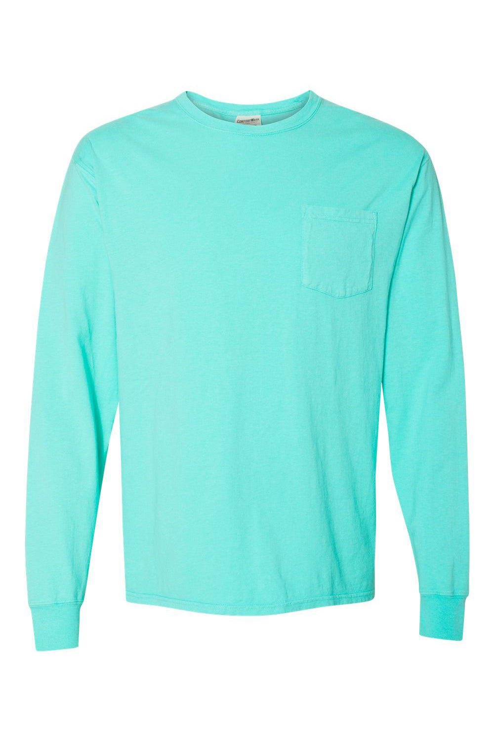 ComfortWash By Hanes GDH250 Mens Long Sleeve Crewneck T-Shirt w/ Pocket Mint Green Flat Front