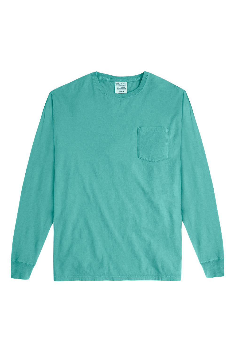ComfortWash By Hanes GDH250 Mens Long Sleeve Crewneck T-Shirt w/ Pocket Spanish Moss Green Flat Front