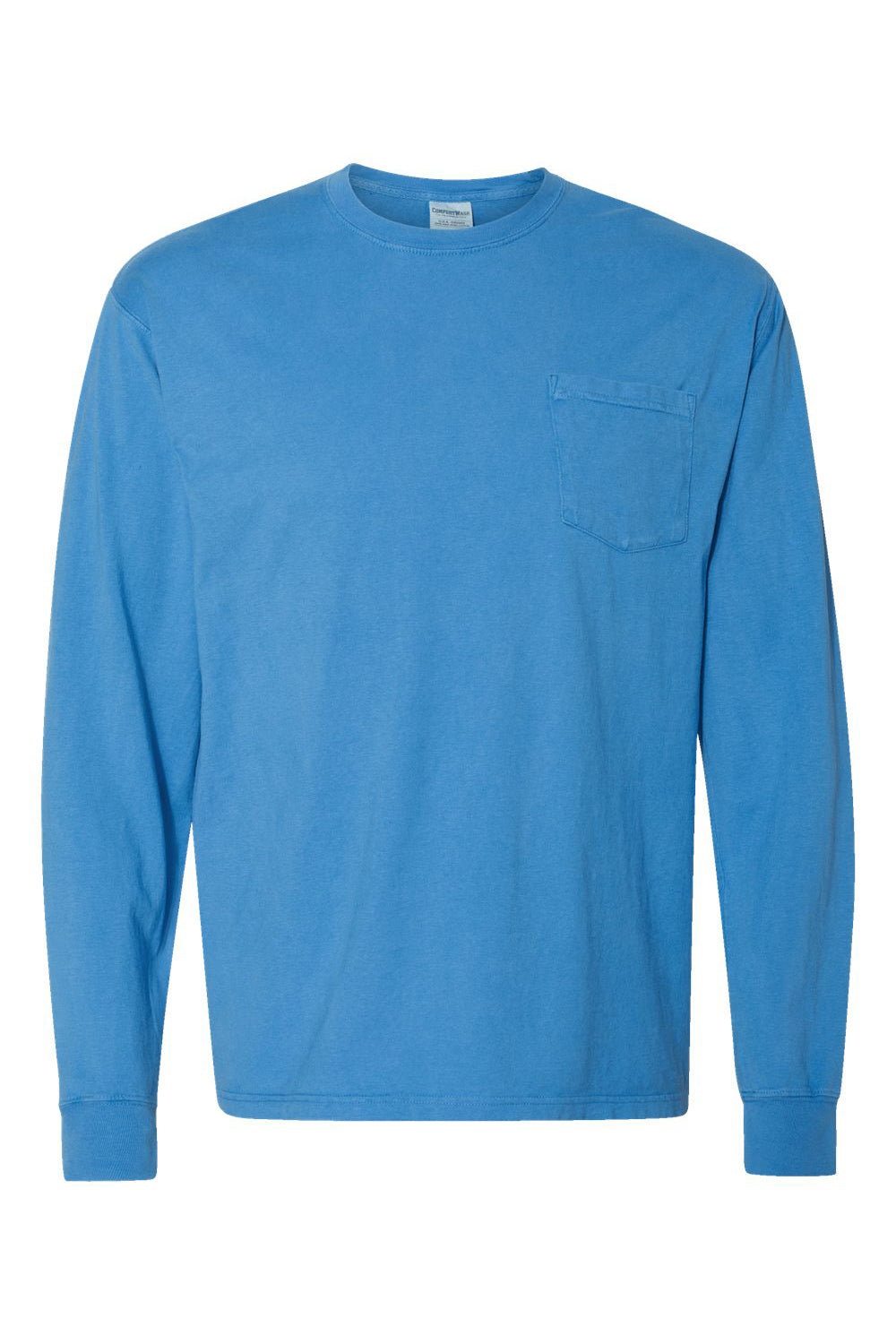 ComfortWash By Hanes GDH250 Mens Long Sleeve Crewneck T-Shirt w/ Pocket Summer Sky Blue Flat Front