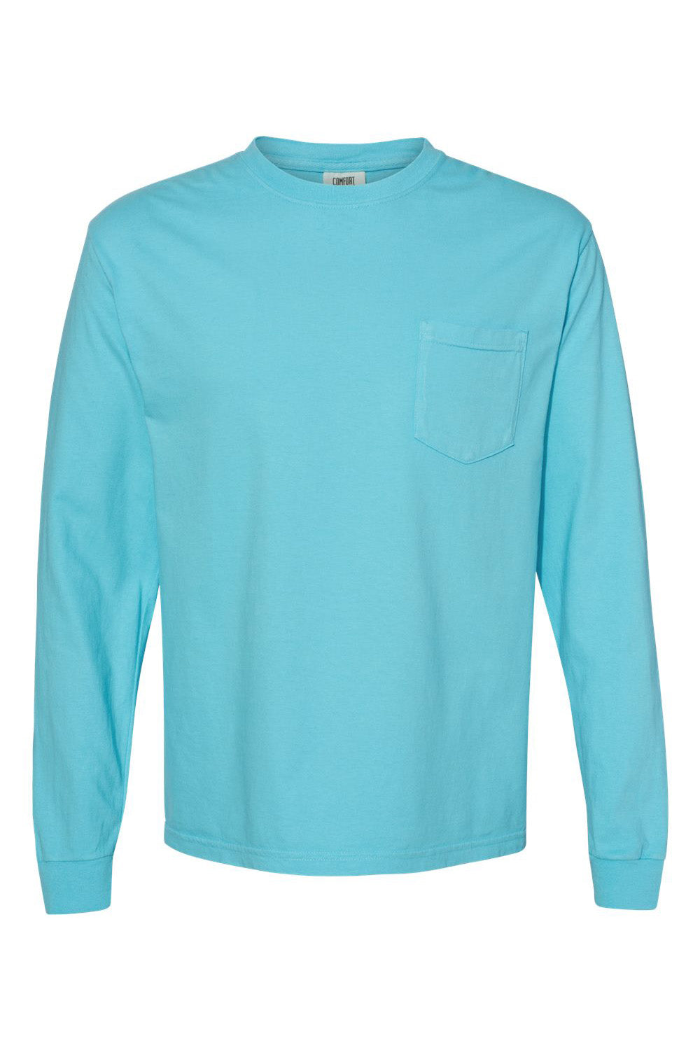 Comfort Colors 4410/C4410 Mens Long Sleeve Crewneck T-Shirt w/ Pocket Lagoon Blue Flat Front