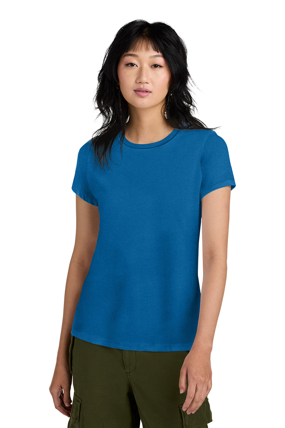 District DM104L Womens Perfect Weight Short Sleeve Crewneck T-Shirt Bright Blue Model Front
