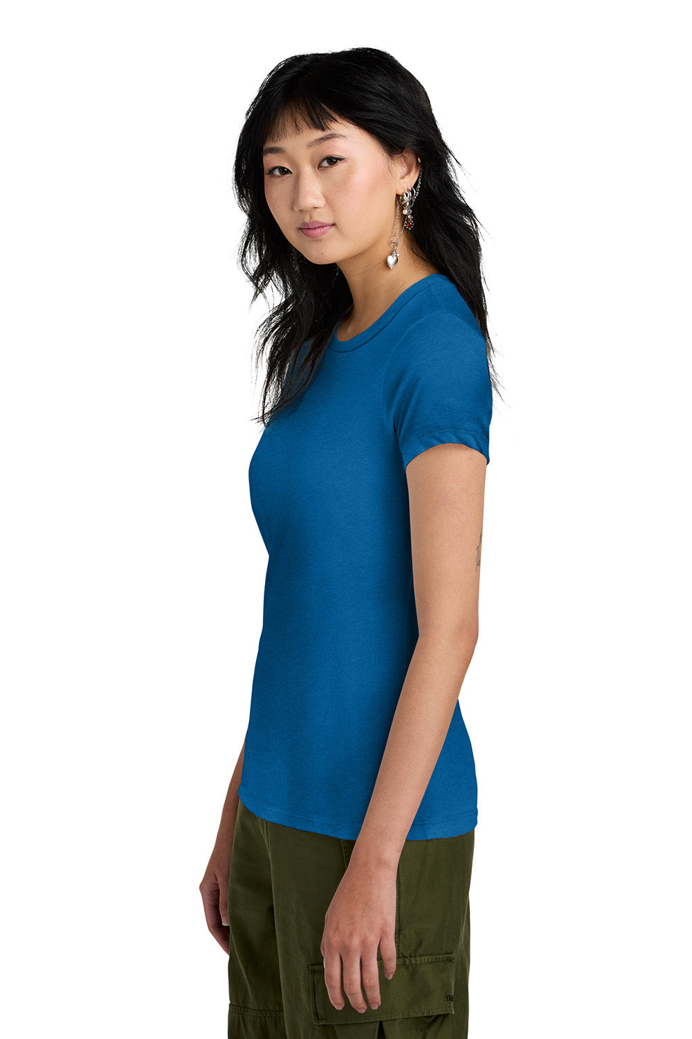District DM104L Womens Perfect Weight Short Sleeve Crewneck T-Shirt Bright Blue Model Side