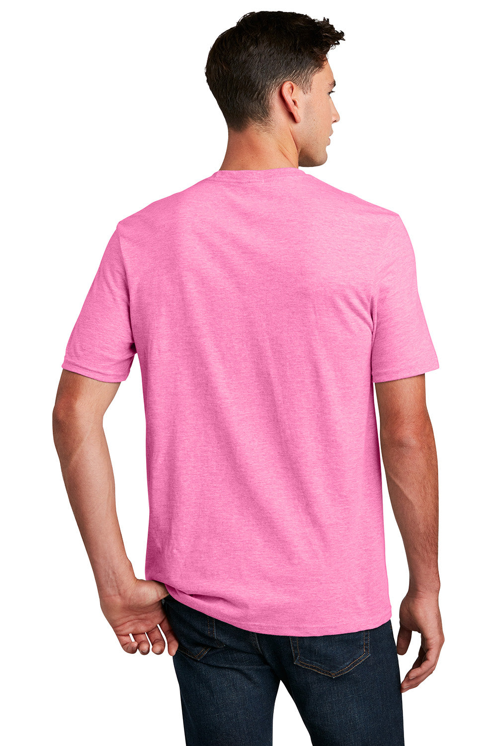 District DM108 Mens Perfect Blend Short Sleeve Crewneck T-Shirt Heather Awareness Pink Model Back