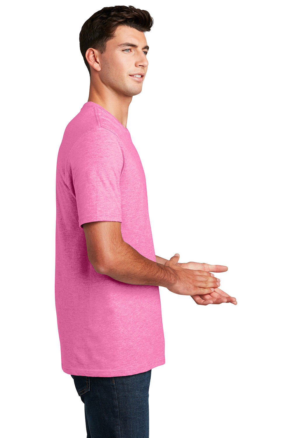 District DM108 Mens Perfect Blend Short Sleeve Crewneck T-Shirt Heather Awareness Pink Model Side