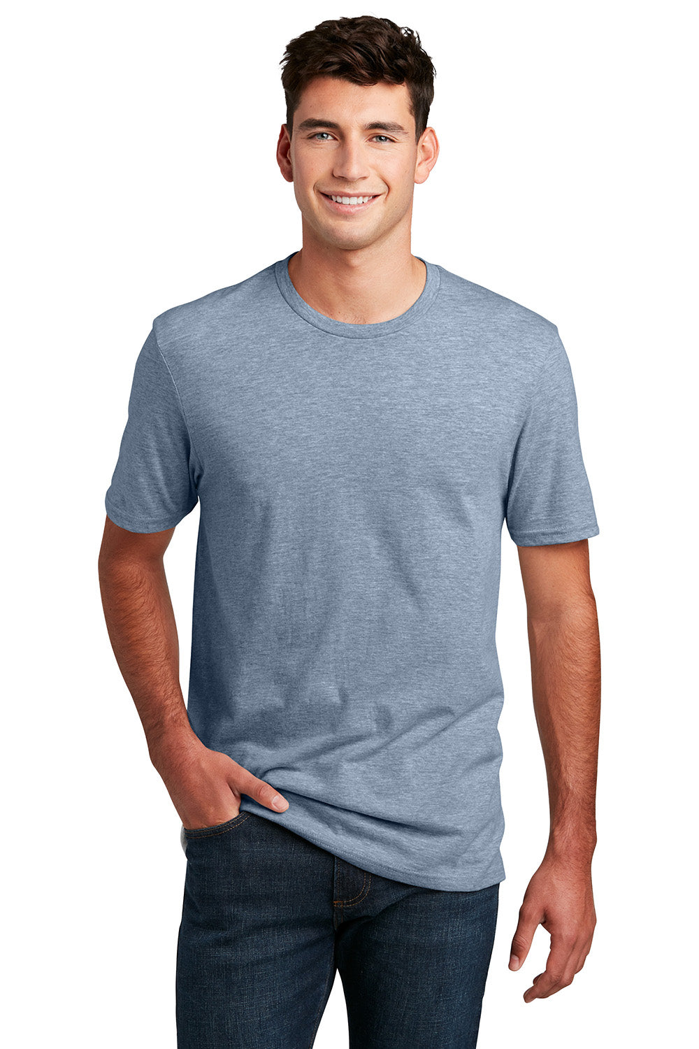 District DM108 Mens Perfect Blend Short Sleeve Crewneck T-Shirt Heather Flint Blue Model Front