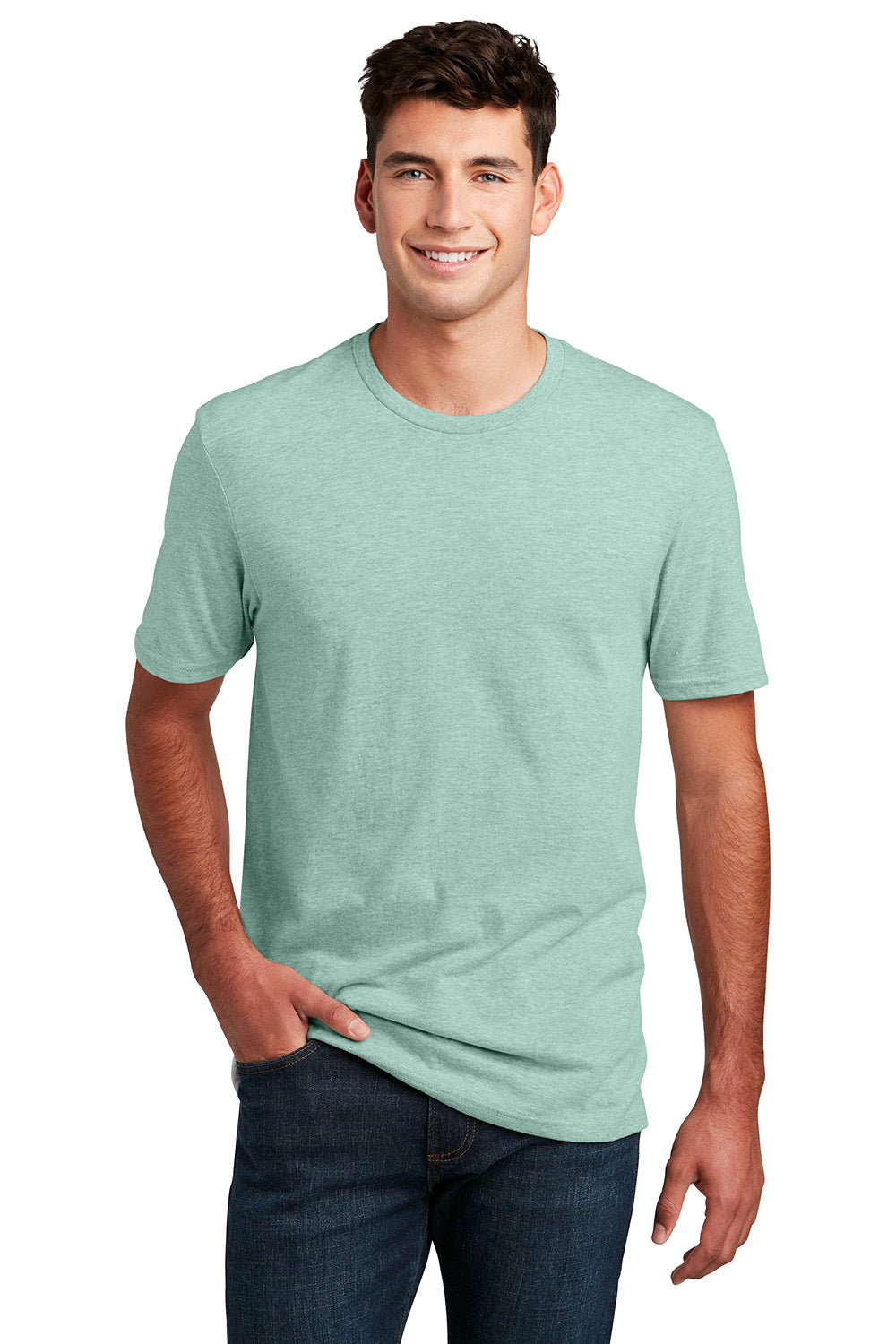 District DM108 Mens Perfect Blend Short Sleeve Crewneck T-Shirt Heather Dusty Sage Green Model Front