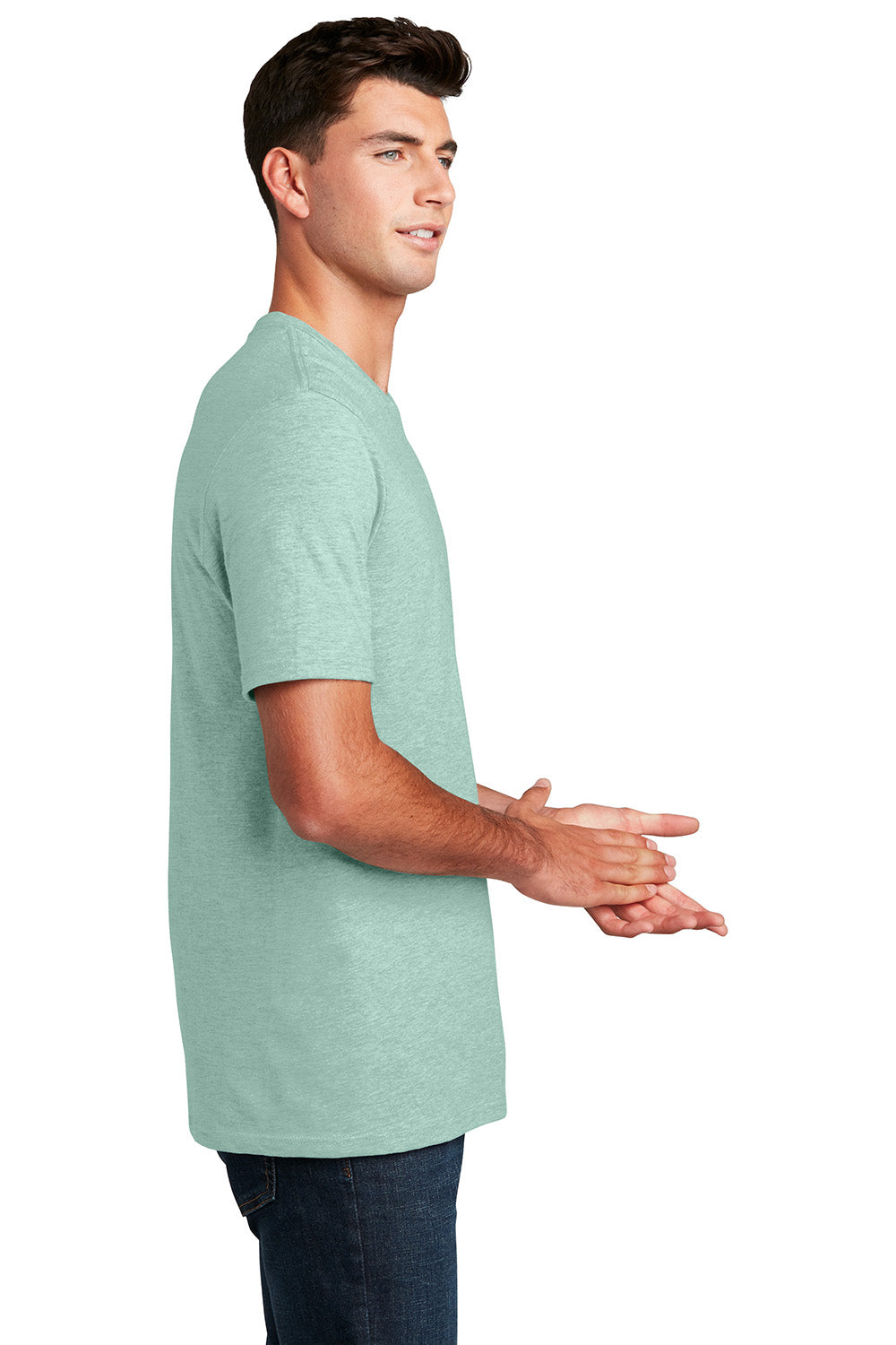 District DM108 Mens Perfect Blend Short Sleeve Crewneck T-Shirt Heather Dusty Sage Green Model Side