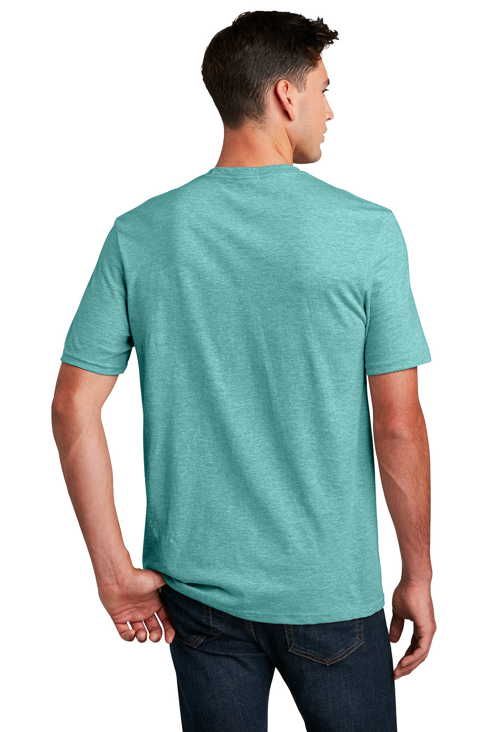 District DM108 Mens Perfect Blend Short Sleeve Crewneck T-Shirt Heather Eucalyptus Blue Model Back