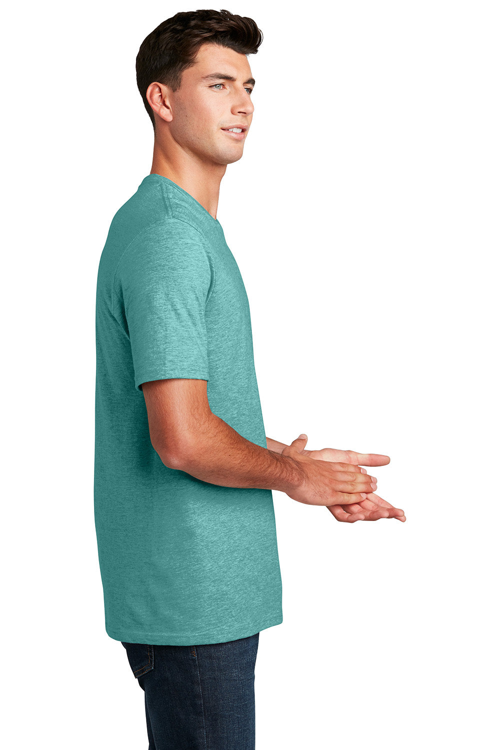 District DM108 Mens Perfect Blend Short Sleeve Crewneck T-Shirt Heather Eucalyptus Blue Model Side