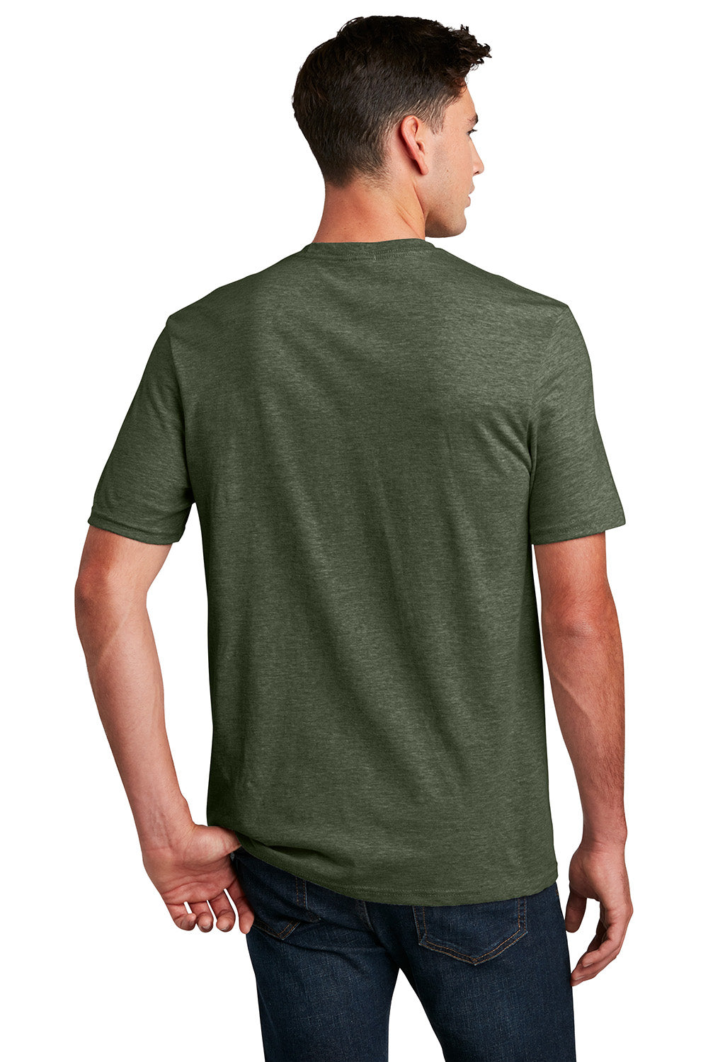 District DM108 Mens Perfect Blend Short Sleeve Crewneck T-Shirt Heather Forest Green Model Back