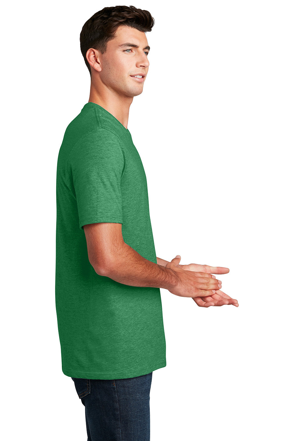 District DM108 Mens Perfect Blend Short Sleeve Crewneck T-Shirt Heather Kelly Green Model Side