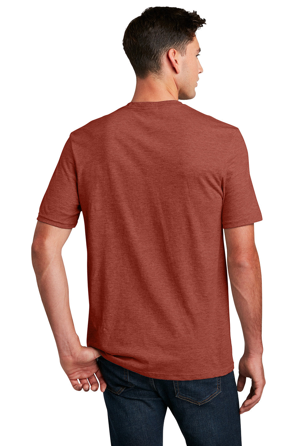 District DM108 Mens Perfect Blend Short Sleeve Crewneck T-Shirt Heather Russet Red Model Back