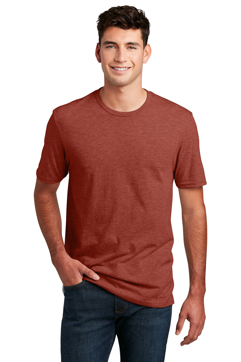 District DM108 Mens Perfect Blend Short Sleeve Crewneck T-Shirt Heather Russet Red Model Front