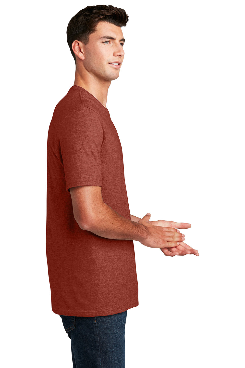 District DM108 Mens Perfect Blend Short Sleeve Crewneck T-Shirt Heather Russet Red Model Side