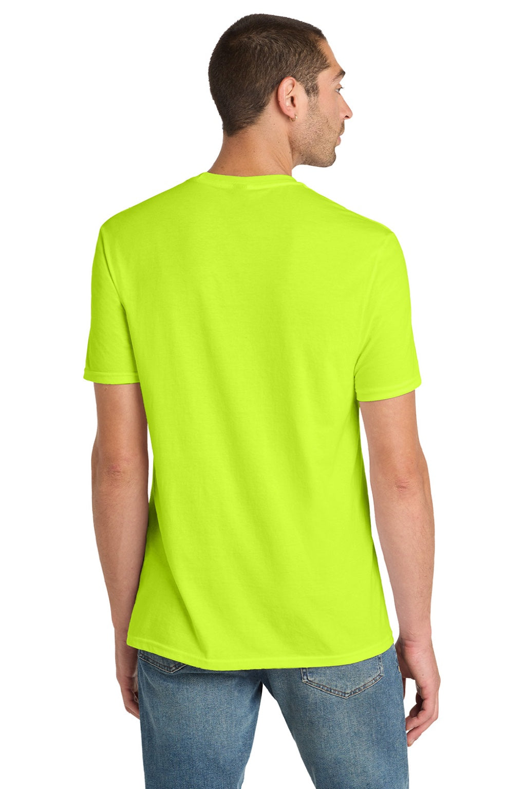 District DM108 Mens Perfect Blend Short Sleeve Crewneck T-Shirt Safety Green Model Back
