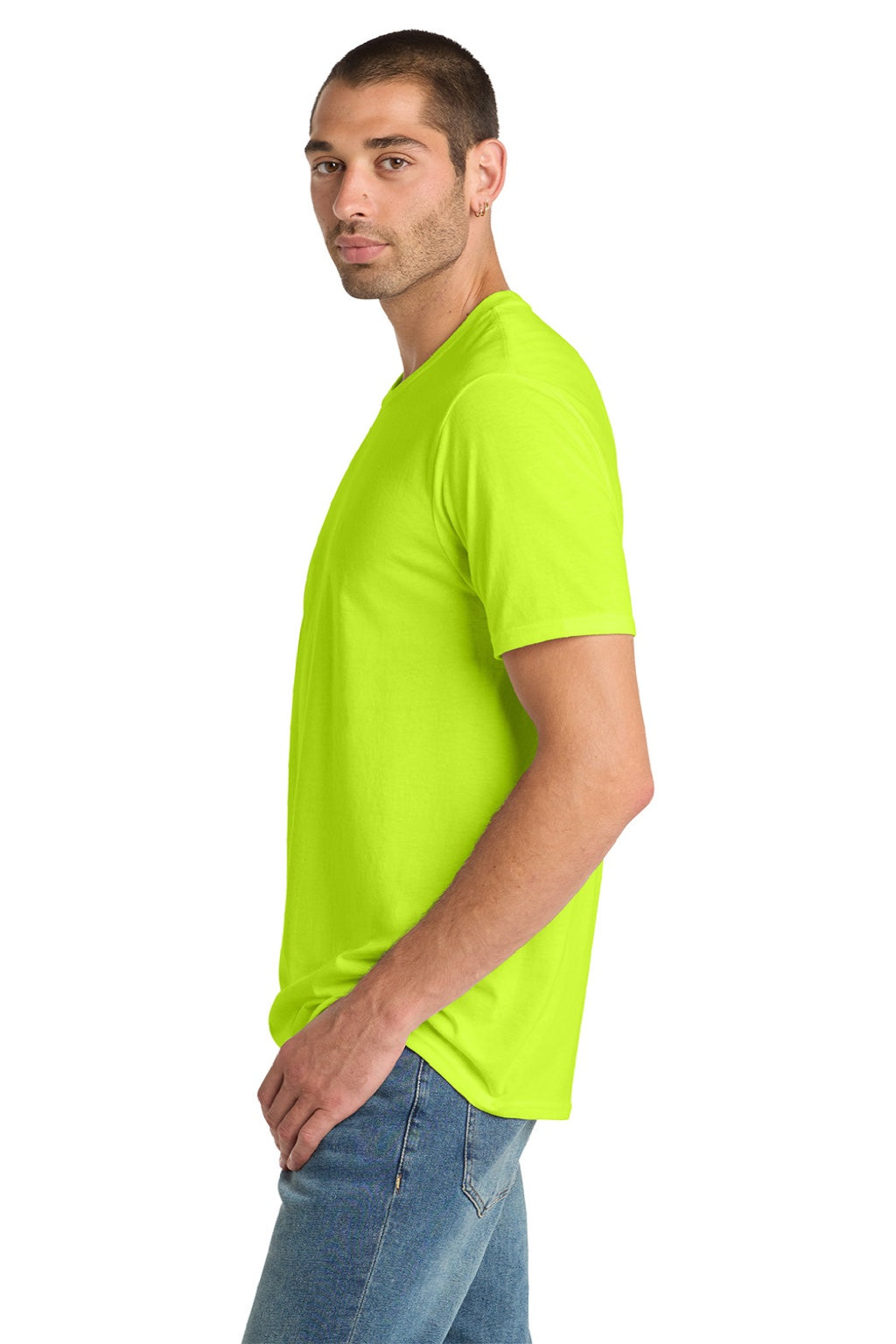 District DM108 Mens Perfect Blend Short Sleeve Crewneck T-Shirt Safety Green Model Side