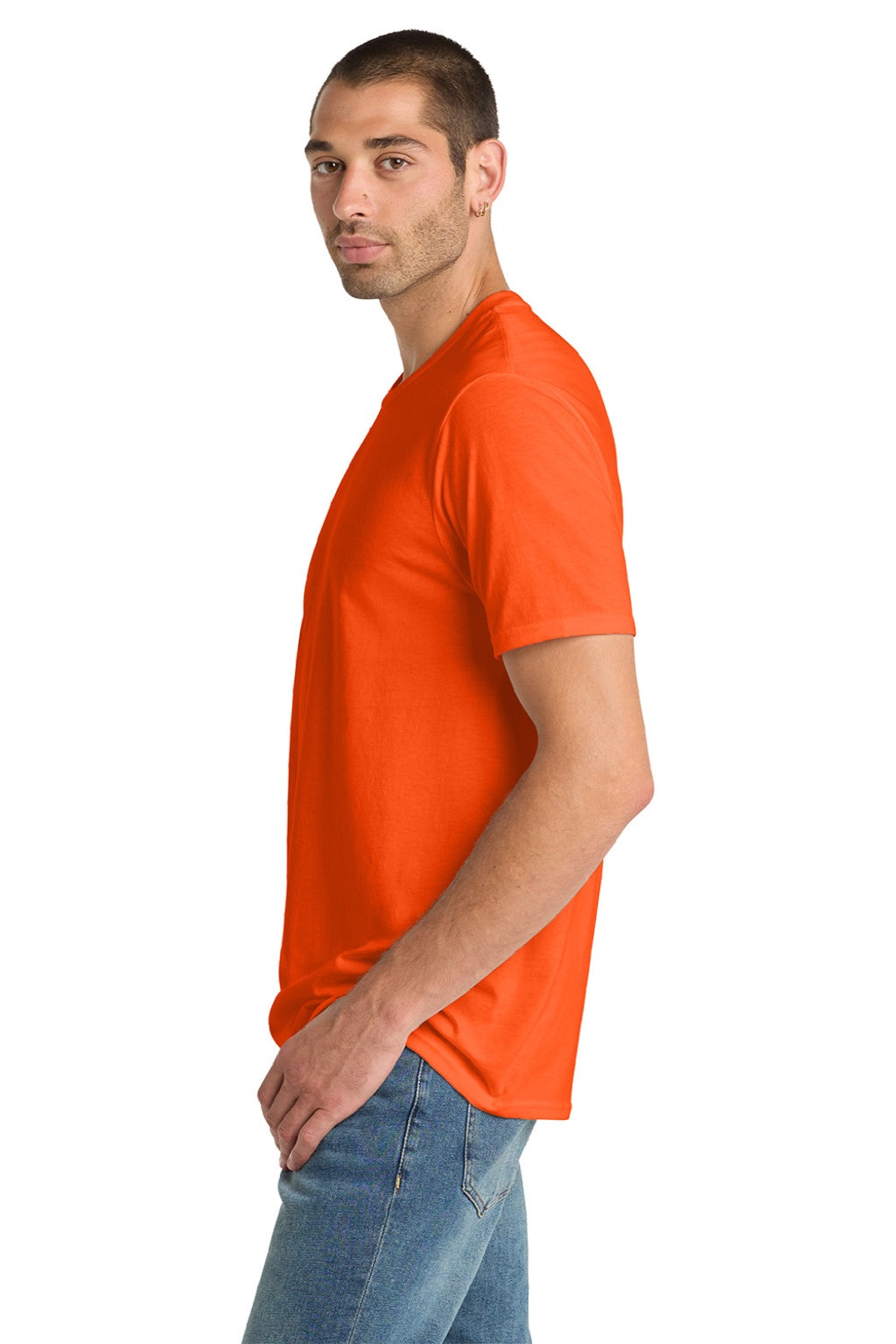 District DM108 Mens Perfect Blend Short Sleeve Crewneck T-Shirt Safety Orange Model Side