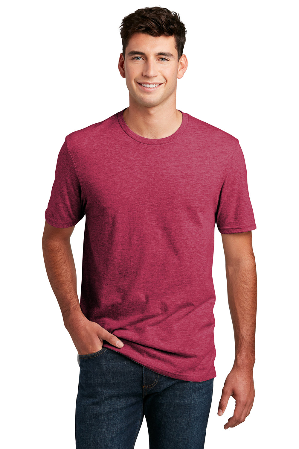 District DM108 Mens Perfect Blend Short Sleeve Crewneck T-Shirt Heather Red Model Front
