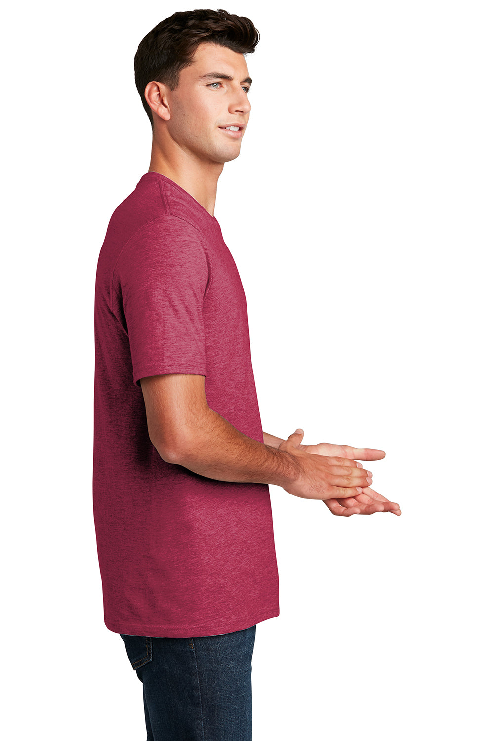 District DM108 Mens Perfect Blend Short Sleeve Crewneck T-Shirt Heather Red Model Side